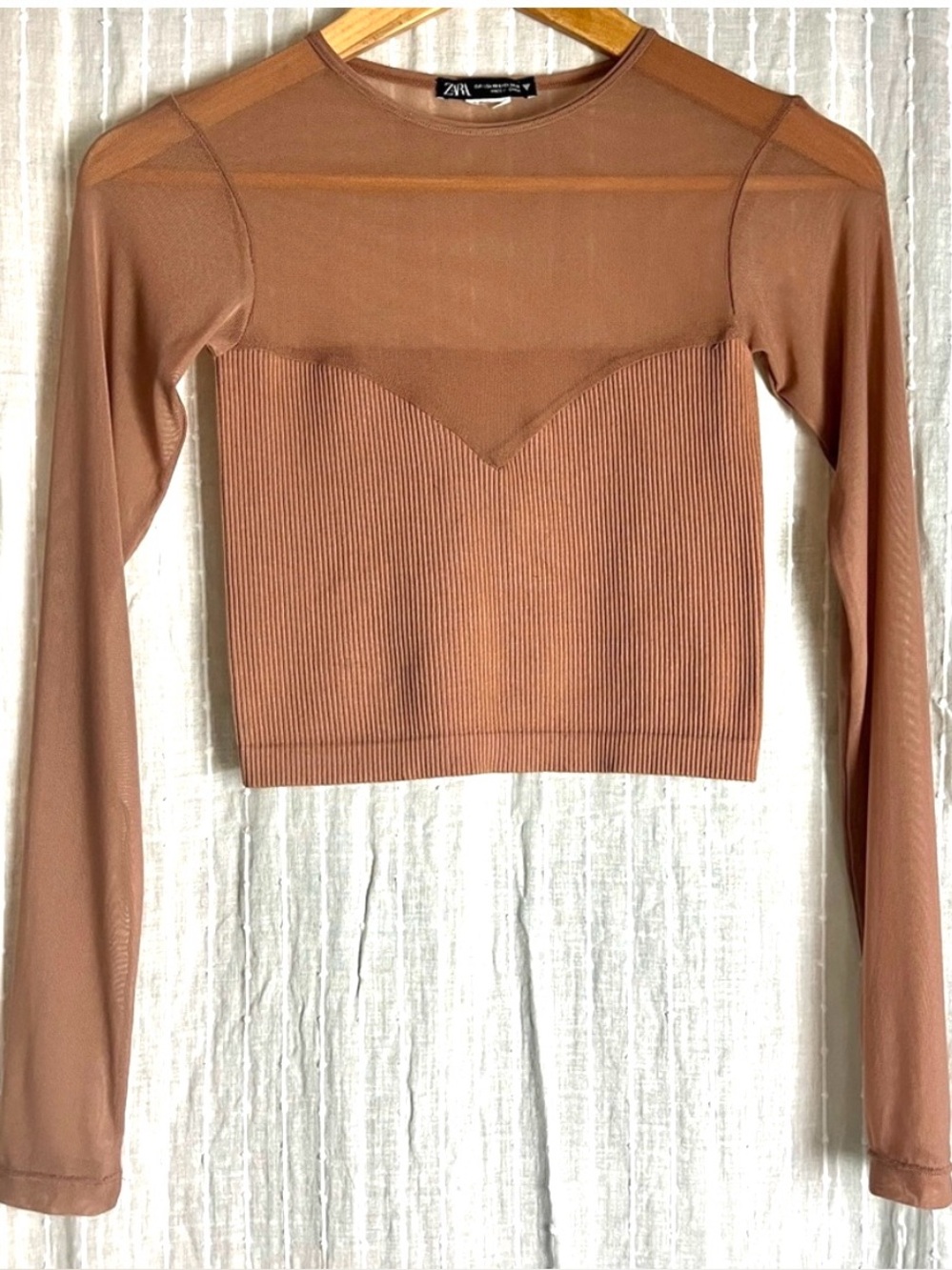 Zara Brown Mesh Long Sleeve Crop Top Size XS-S